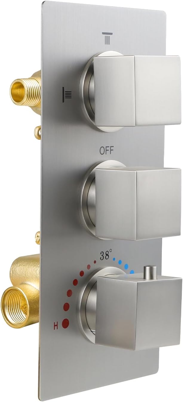 HOMEDEC Brushed Nickel 3 Way Shower Valve Thermostatic Anti-scald with 3 Square Knobs, Water Diverter Temperature Control Brass Rough-in Valve