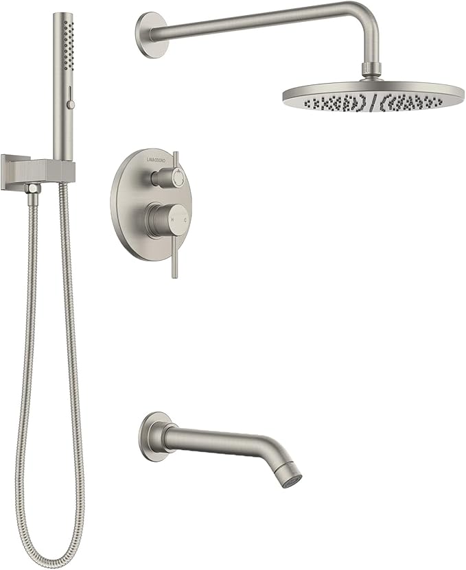 Lava Odoro Modern 3-Setting Round Rain Bathtub and Shower Faucet Set, Brushed Nickel Rainfall Shower Head and Handle Set, Rain Shower System with Tub Spout, Shower Valve Trim Kit, SF104-BN-T