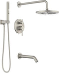 Lava Odoro Modern 3-Setting Round Rain Bathtub and Shower Faucet Set, Brushed Nickel Rainfall Shower Head and Handle Set, Rain Shower System with Tub Spout, Shower Valve Trim Kit, SF104-BN-T