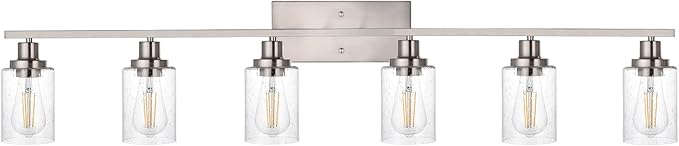 6-Lights Bathroom Vanity Light Fixtures with Seeded Glass Lampshades, 45.3-Inches Length Modern Brushed Nickel Wall Light Fixture for Kitchen Bathroom Lighting