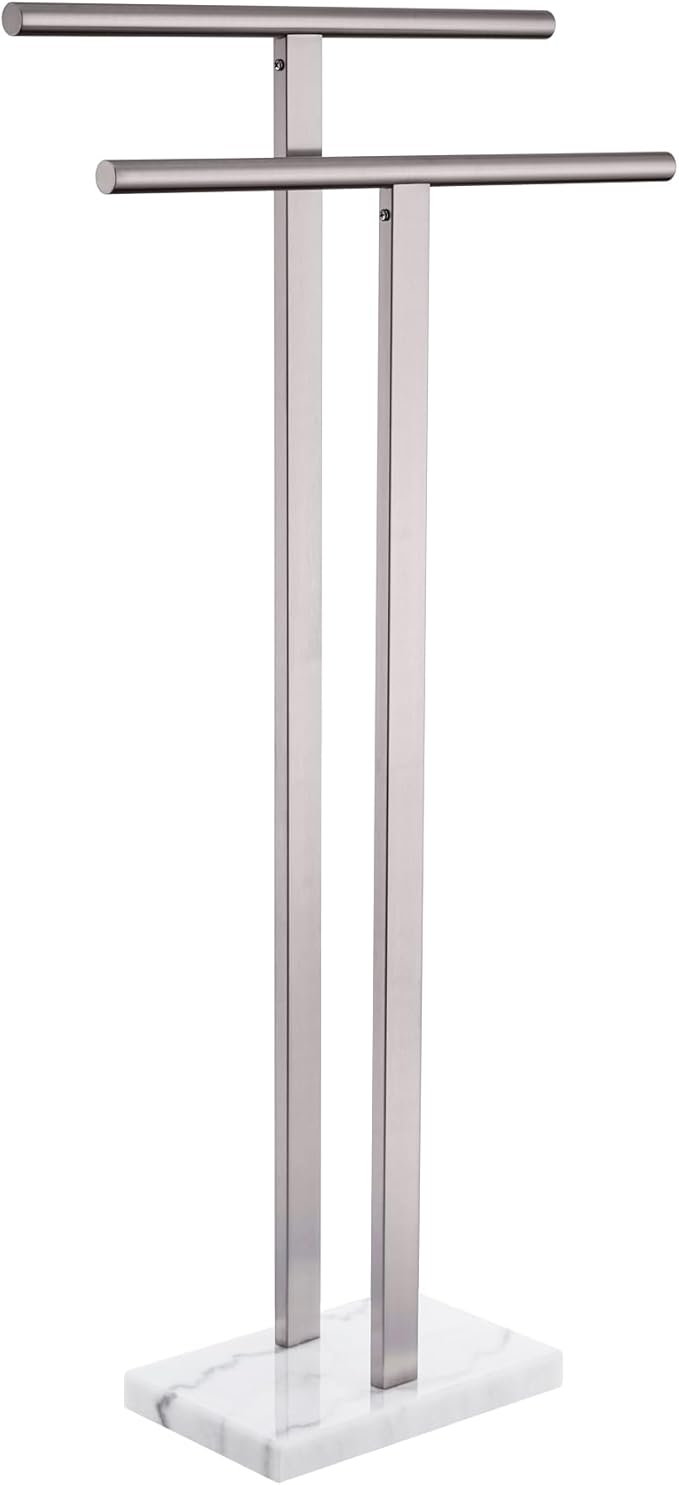 KOKOSIRI Towel Rack Free Standing Brushed Nickel 2-Tier Towel Holder for Bathroom Floor Stand with Heavy Marble Base Thicken Steady Design Stainless Steel THS0005-BR