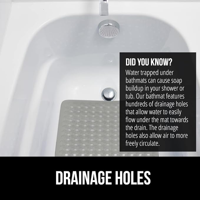 GORILLA GRIP Patented Bath Tub Shower Mat, Machine Washable Bathtub Floor Liner Mats, Suction Cups and Drain Holes to Keep Tubs Clean, Soft on Feet, Bathroom Essentials, 35x16 Inch, Gray Opaque
