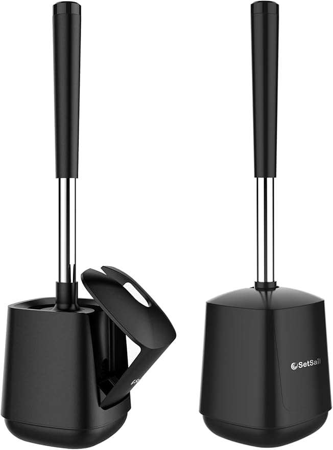 SetSail Toilet Brush and Holder, Self Closing Lid Toilet Bowl Brushes Holder and Extra Long Handle Ventilated Toilet Brush Set for Bathroom Cleaning, Nylon Bristles, 2 Packs-Black