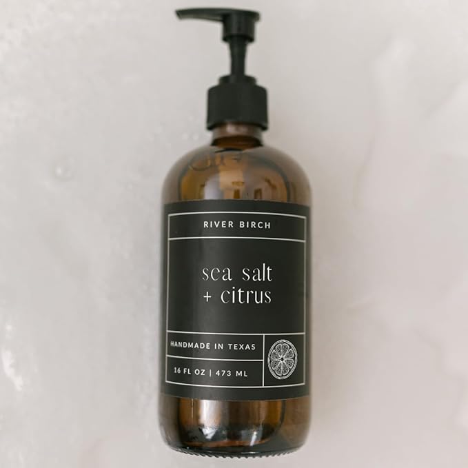 River Birch Sea Salt + Citrus Scented Natural Hand Soap - Handmade Soap - Moisturizing Hand Wash with Amber Glass Dispenser - Luxury Scented and Hydrating - Vegan and Non-Toxic - 16 Fl Oz