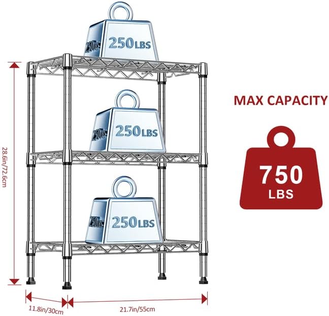 IZEUK 3-Tier Steel Storage Shelves, Heavy Duty Metal Shelf Wire Shelving Rack for Pantry, Kitchen, Living Room, or Office Organization (21.7" W x 11.8" D x 28.6" H, 750LBS, Chrome)