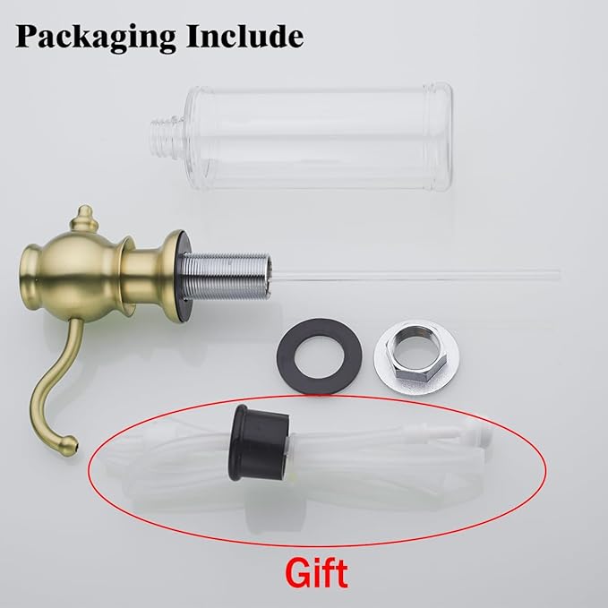 RANDOM Brushed Gold Soap Dispenser for Kitchen Sink,Built in Sink Soap Dispenser with Solid Brass Pump Head Soap Dispenser Extension Tube Kit and 11 Ounce Large PET Liquid Soap Bottle.RD84038BG