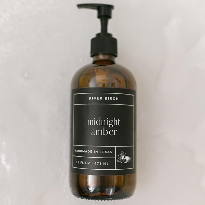 River Birch Midnight Amber Scented Natural Hand Soap - Handmade Soap - Moisturizing Hand Wash with Amber Glass Dispenser - Luxury Scented Hydrating Hand Soap - Vegan and Non-Toxic - 16 Fl Oz