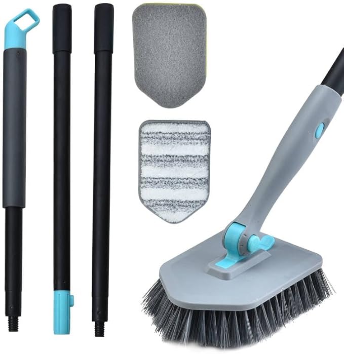 Long Handled Scrub Brush for Shower,3-in-1 Cleaning Brushes with 3 Different Function Cleaning Heads Brush for Shower Cleaning Bathroom Kitchen Walls Tub Tile (Grey)
