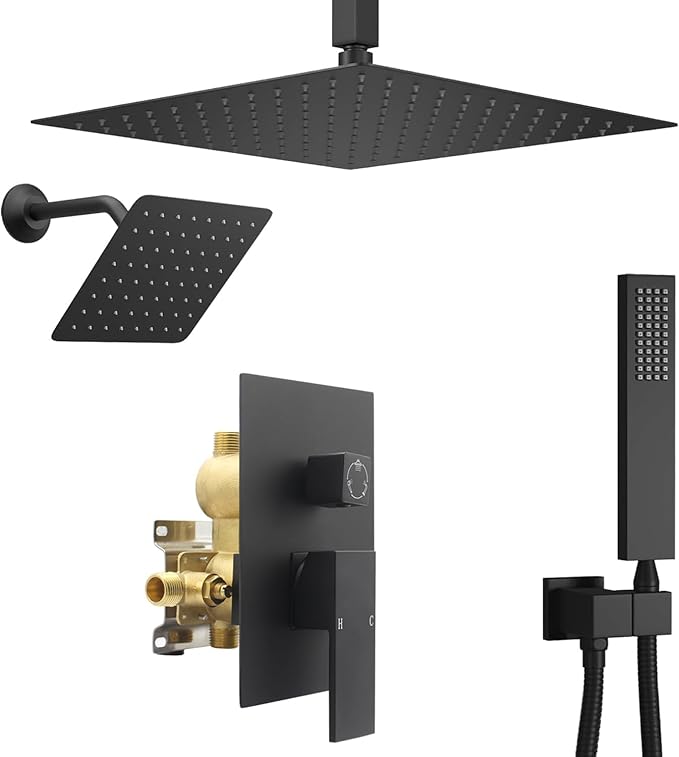 Shower System Dual Shower Heads with 12" Ceiling Mounted Rain Shower Head & 6" Wall Mounted Head Full Body Luxury Rain Shower System 3 Way Pressure Balance Valve Kit, Matte Black