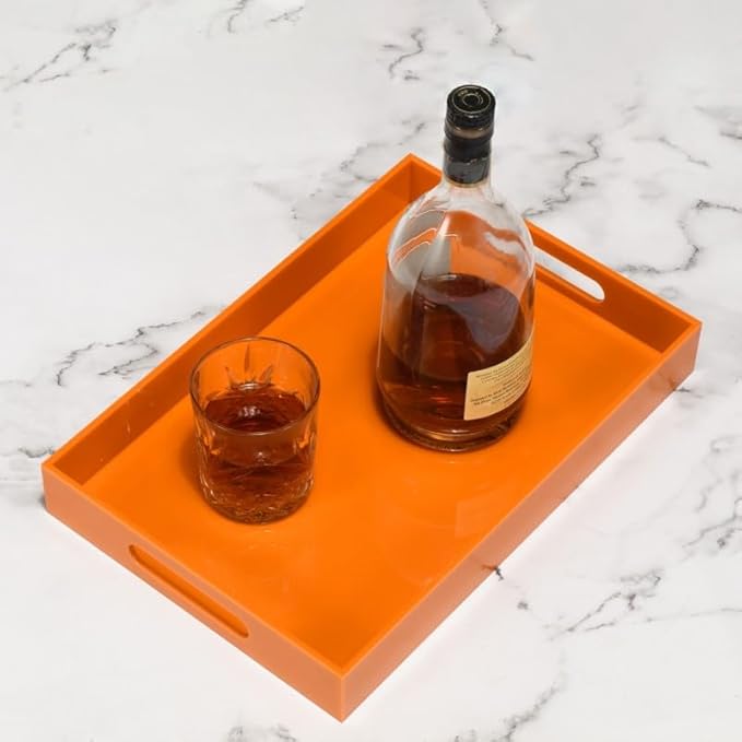 Orange Sturdy Acrylic Serving Tray with Handles-10x15Inch-Serving Coffee,Food,Breakfast,Butler-Kitchen Countertop Tray-Makeup Drawer Organizer-Vanity Table,Ottoman Tray-Decorative Tray