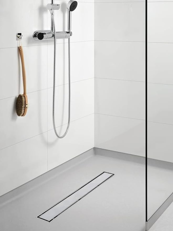 Linear Shower Drain, 40 inch Drain with Tile Insert 2-in-1 Panel, Brushed 304 Stainless Steel Shower Floor Drain, Linear Drain with Hair Strainer and Adjustable Feet