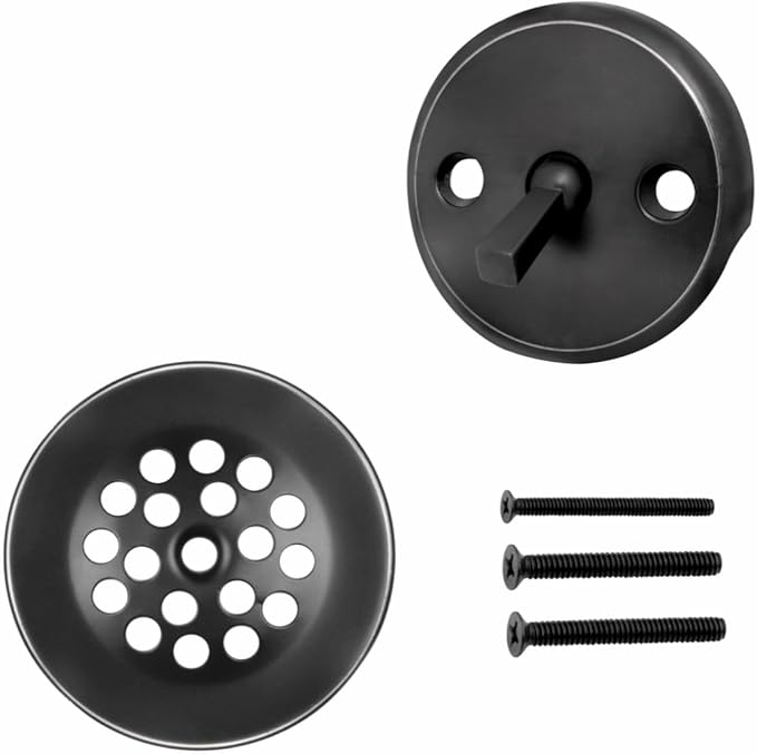 Trip Lever Bathtub Drain Kit with Strainer – 2-Hole Overflow Faceplate, Matching Screws – Tub Drain Trim Replacement Set for Bathroom Bathtubs