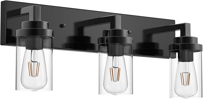MELUCEE Vintage Bathroom Lighting Fixtures Over Mirror, 3-Light Modern Vanity Lights Black Finish Industrial Wall Sconce with Clear Glass Shade