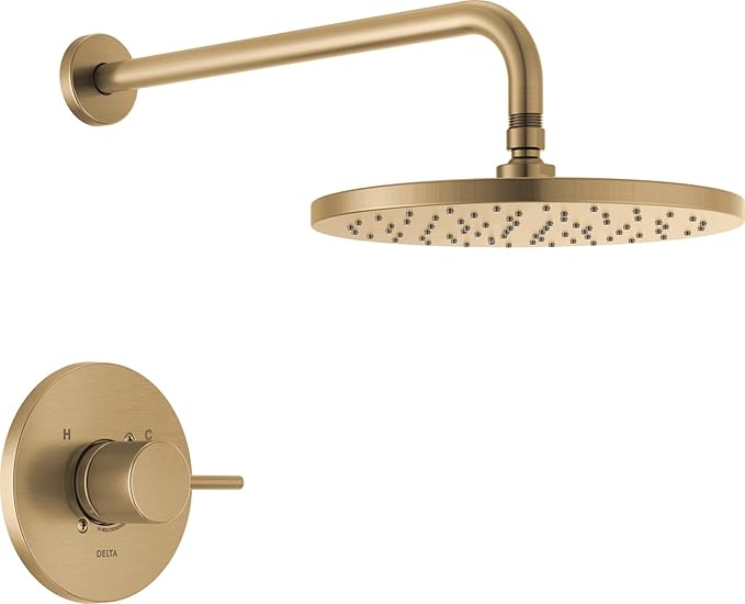 Delta Modern 14 Series Round Rain Shower Faucet Set, Brushed Gold Shower Head and Handle Set, Valve Trim Kit, Champagne Bronze T14269-CZ-PP (Valve Not Included)