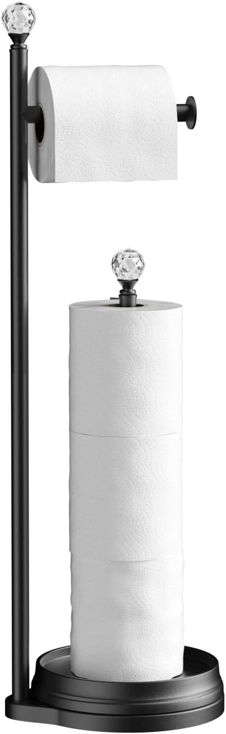 Toilet Paper Holder for Bathroom, Heavy Weighted Metal Free Standing Toilet Paper Holder Stand with Crystal Ball, Toilet Paper Roll Stand for Bathroom Accessories (Matte Black)
