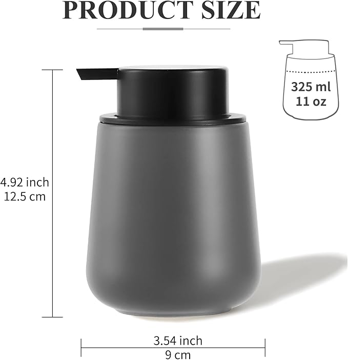 BosilunLife Foam Soap Dispenser - 12 oz Bathroom Lotion Hand Pump Dispenser Grey Foaming Soap Dispenser Ceramic Dish Liquid Dispenser for Kitchen Hand Wash Dispenser