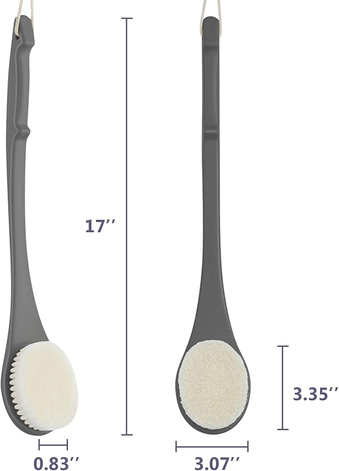 Body Back Scrubber – 17'' Long Handle Shower Brush, Durable Exfoliator for Dry & Wet Use, Deep Cleansing & Gentle Exfoliation for Smooth Skin – for Men, Women & Elderly (Gray)