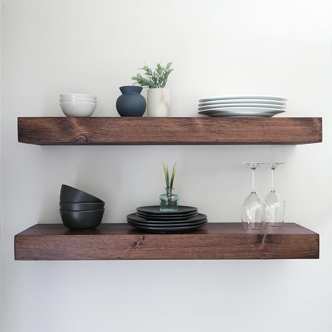 Urbandi Modern Floating Shelves 3 Inches Thick for Wall, Wide Shelves for Kitchen, Living Room, Bedroom, and Bathroom, Natural Pine Wood, Rustic Wooden Shelf, (Set of 2) (Provincial, 36Lx3Hx6D)