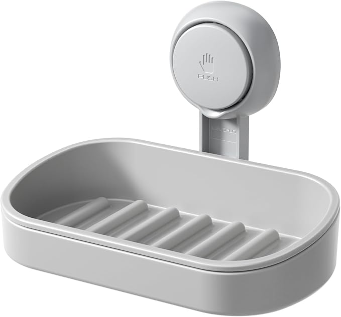LEVERLOC Soap Dish Holder for Shower Suction Cup Wall Mounted Self Draining NO-Drilling Removable Bar Soap Sponge Holder for Bathroom Bathtub Kitchen Sink Waterproof Strong Vacuum Suction, Grey