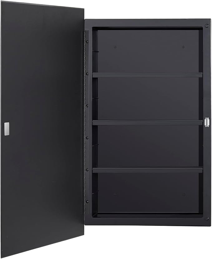 Black Plastic Medicine Mirror Cabinet for Bathroom with 18 x 28 inch Beveled Edge Mirror, Recessed and Surface Mount