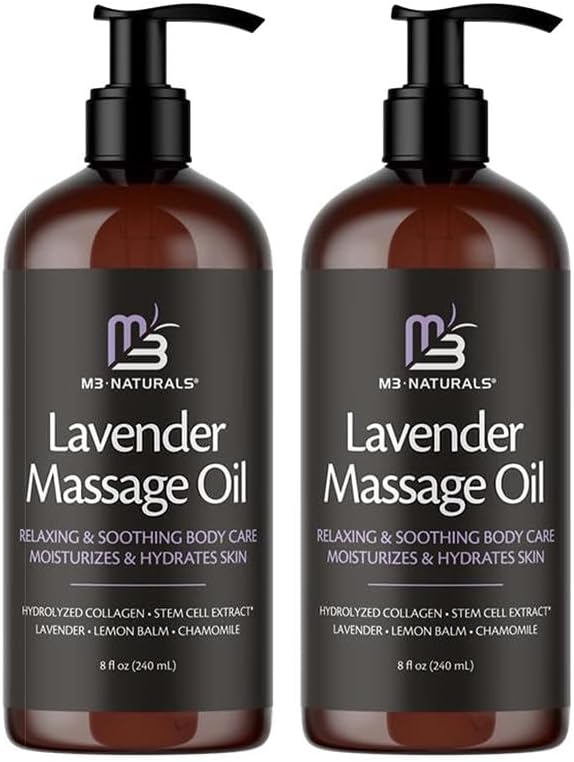 Lavender Massage Oil with Collagen and Stem Cells - Skin Firming Therapy Oil for Cellulite and Quick Absorption on Bum, Thighs, and Belly, 8 fl oz (Pack of 2) by M3 Naturals