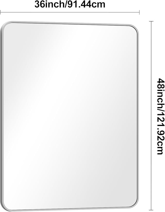 Silver Bathroom Mirror,36x48 inch Wall Mirror for Bathroom Wall Mounted,Rectangle Mirror for Bathroom Over Sink,Modern Frame Round Corner for Living Room,Bedroom Entryway,Horizontal/Vertical