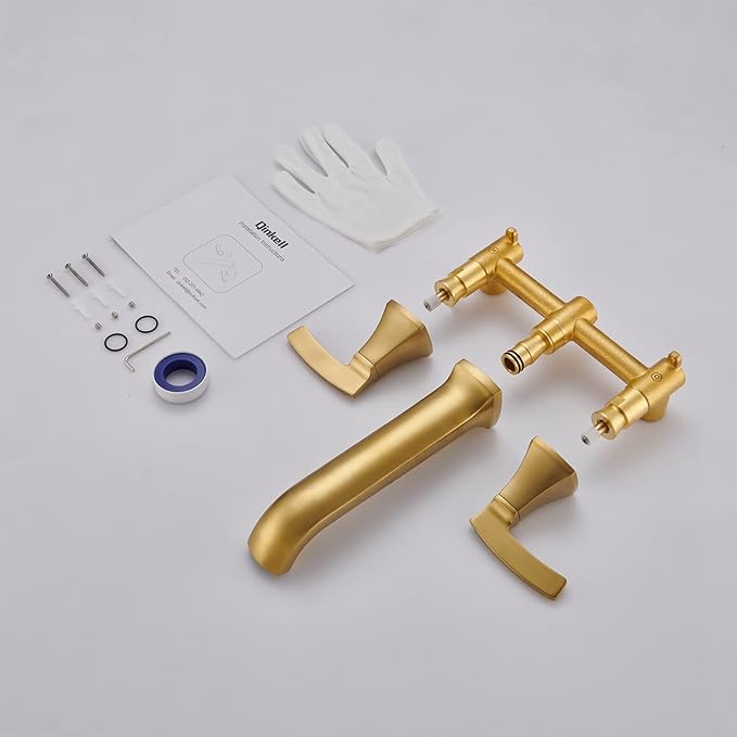 Wall Mount Tub Faucet High Flow Roman Tub Filler Long Spout Reach Brushed Gold Bathtub Faucets with 2 Handles