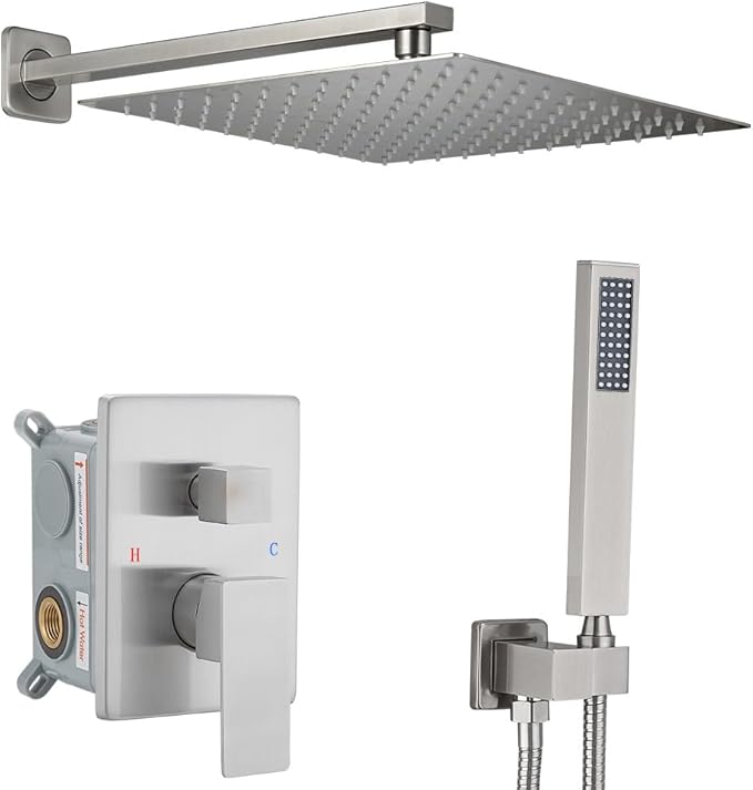 Shower Faucet Set Complete, Wall Mount Shower System for Bathroom 12 Inch High-Pressure Rainfall Shower with Handheld, Rough-in Valve Body and Trim Kit, Brushed Nickel