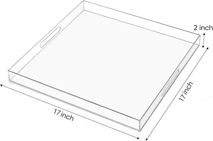 17×17 inches Oversized Clear Acrylic Ottoman Tray Extra Large Decorative Tray Spill-Proof Serving Trays with Handles King-Size Safe Edge Organizer for Coffee Table Countertop Breakfast
