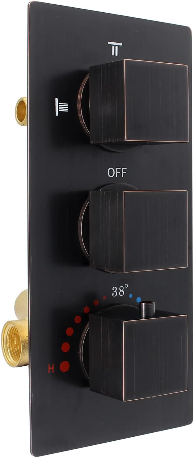 HOMEDEC Brass 3 Way Shower Diverter Valve, Thermostatic 3 Handle Control Shower Mixing Valve Trim Kit Replacement, Rough In, Oil Rubbed Bronze