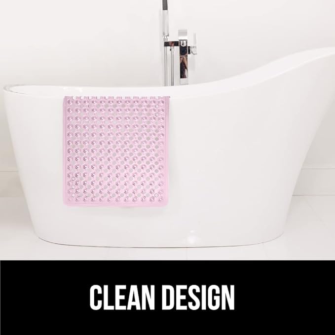 GORILLA GRIP Patented Bath Tub Shower Mat, Machine Washable Bathtub Floor Liner Mats, Suction Cups and Drain Holes to Keep Tubs Clean, Soft on Feet, Bathroom Essentials, 35x16 Inch, Clear Light Pink