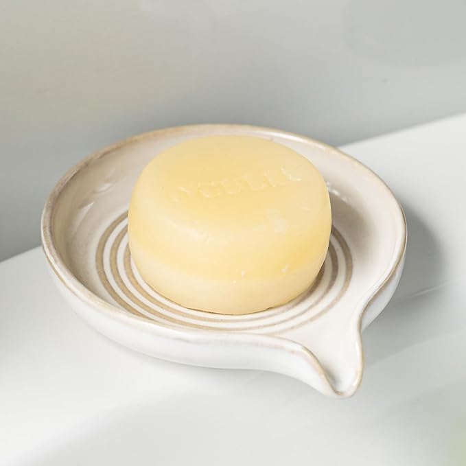 Soap Dish with Drain, Ceramic Soap Holder Self Draining Bar Soap Saver with Waterfall Design for Shower Bathroom Kitchen Sink Bathtub, Beige White