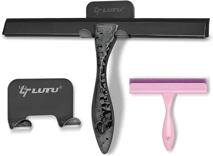 All-Purpose Silicone Shower Squeegee for Shower Glass Door,with 2 Hooks & Pink Mini Squeegee,for Bathroom Glass, Car, Tile Wall, Mirror Cleaning - Easy-Grip Handle 14 Inch Black