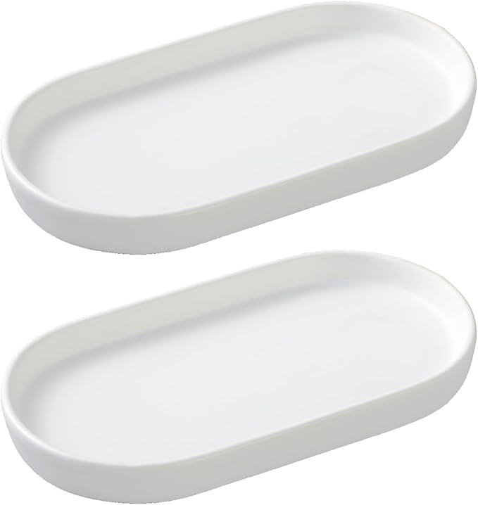 2 Pack White Round Soap Dispenser Tray - 8'' Ceramic Vanity Tray & Organizer Plate Set, Bathroom & Kitchen Countertop Decor for Soap Dispenser, Jewelry, Cosmetics, Sink