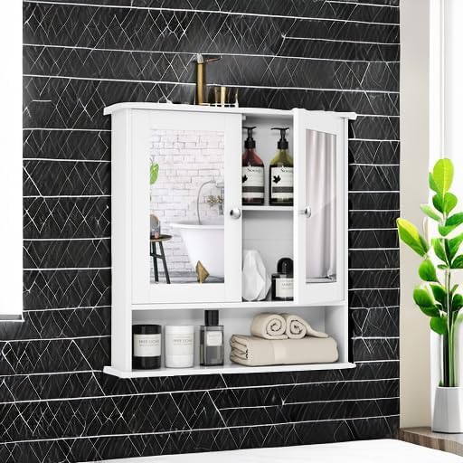 Tangkula Bathroom Medicine Cabinet with Mirror, Wall Mounted Wooden Hanging Organizer with Doors and Shelves, Bathroom Wall Mirror Cabinet (Mirror Doors, White)