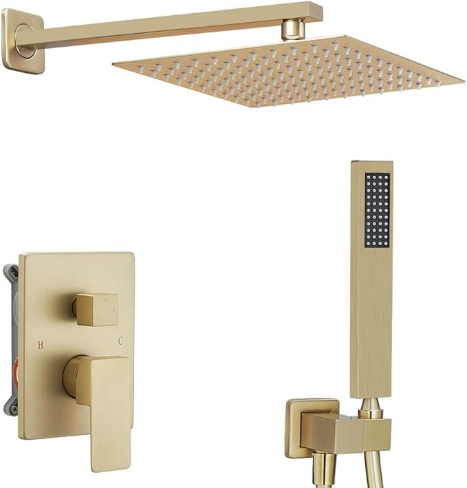 Shower Faucet Set System 10 Inch Shower Head High Pressure Handheld Spray Combo Set with Rough-in Valve for Bathroom and Shower Room, Brushed Gold Finishing