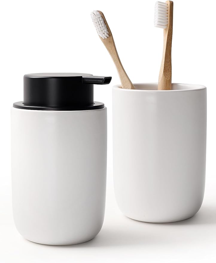 Bosilunlife Soap Dispenser and Toothbrush Holder Set - 11Oz Foam Soap Dispenser Pump Ceramic Bathroom Counter Soap Toothbrush Holder Set White Bathroom Accessories Set