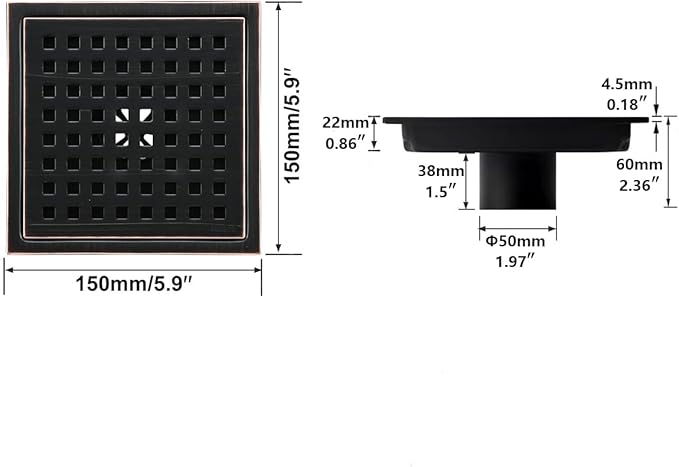 RANDOM Oil Rubbed Bronze Shower Drain Square 6 Inch Shower Floor Drain Grate & Removable Hair Strainer 304 Stainless Steel Shower Drain Cover Bathroom Accessories.RD98738-ORB