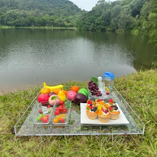 Extra Large Clear Acrylic Ottoman Tray with Cutout Handles 24x24 Inch Over-Sized King-Size Serving Tray Boot Organizer Decorative Tray for Living Room Bedroom,Bathroom and Kitchen Entryway