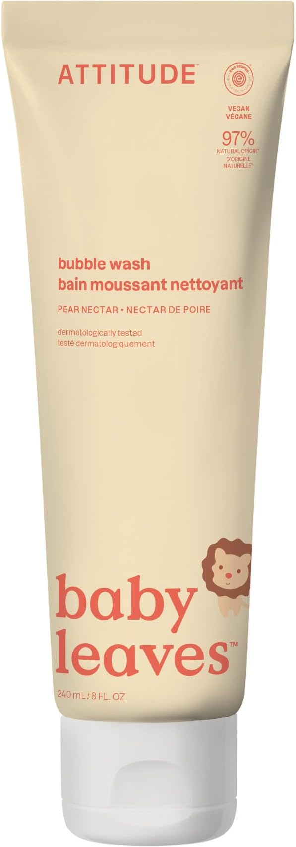 ATTITUDE Bubble Body Wash for Baby, EWG Verified, Dermatologically Tested, Plant and Mineral-Based, Vegan, Pear Nectar, 8 Fl Oz