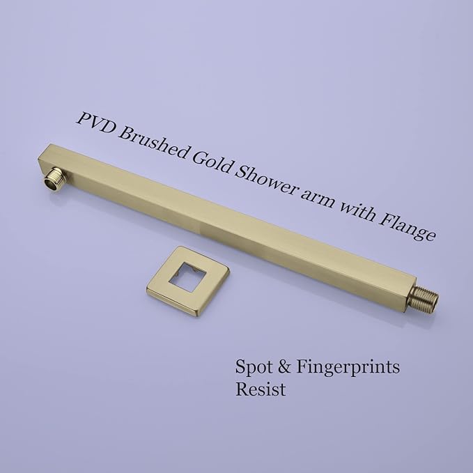 Square Shower Arm with Flange in Brushed Brass 16 Inch Wall Mounted Rainfall Shower Head Extension Arm, Stainless Steel, Brushed Gold