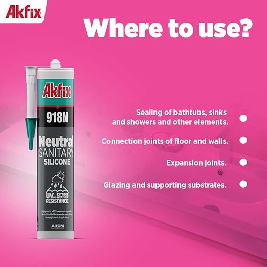 Akfix 918N Gray 100% Silicone Caulk for Kitchen and Bathroom (2x10.5 fl.oz.) - Solvent-Free, Low Odor, UV & Water Resistant, Fast Curing, Non-sag, High Elasticity Silicone Sealant | Grey, 2 Pack