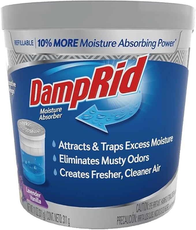 Damp Rid Refillable Moisture Absorber, Includes Single Damp Rid Lavender Vanilla 11oz. Cup & 44oz. Refill Bag - Moisture Absorbers for Closet, 10% More Absorbing Power*, Cleaner Air - ILIOS Packaging.