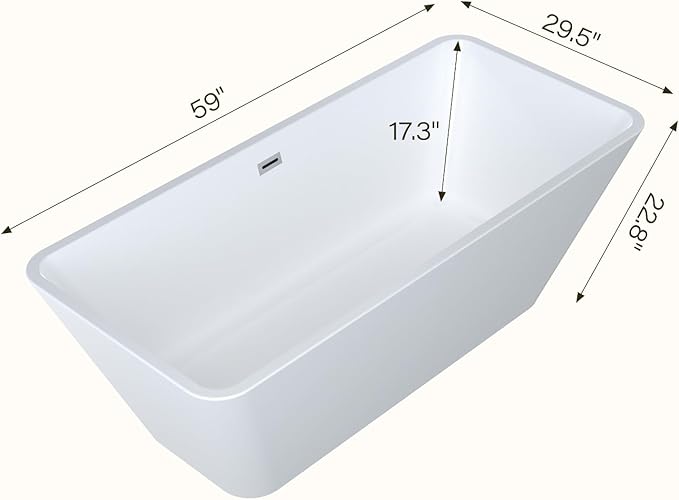 59 Inch Acrylic Freestanding Bathtub – Ergonomic Soaking Tub with Contoured Design, Integrated Overflow & Drain Kit, Lightweight Glossy White Tub for Bathroom Remodel