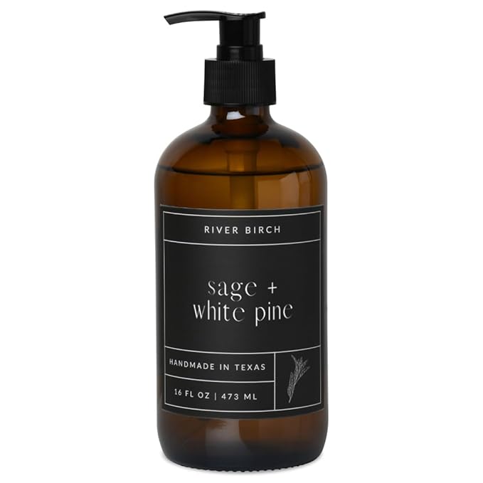 River Birch Sage + White Pine Scented Natural Hand Soap - Handmade Soap - Moisturizing Hand Wash with Amber Glass Dispenser - Luxury Scented and Hydrating - Vegan and Non-Toxic - 16 Fl Oz
