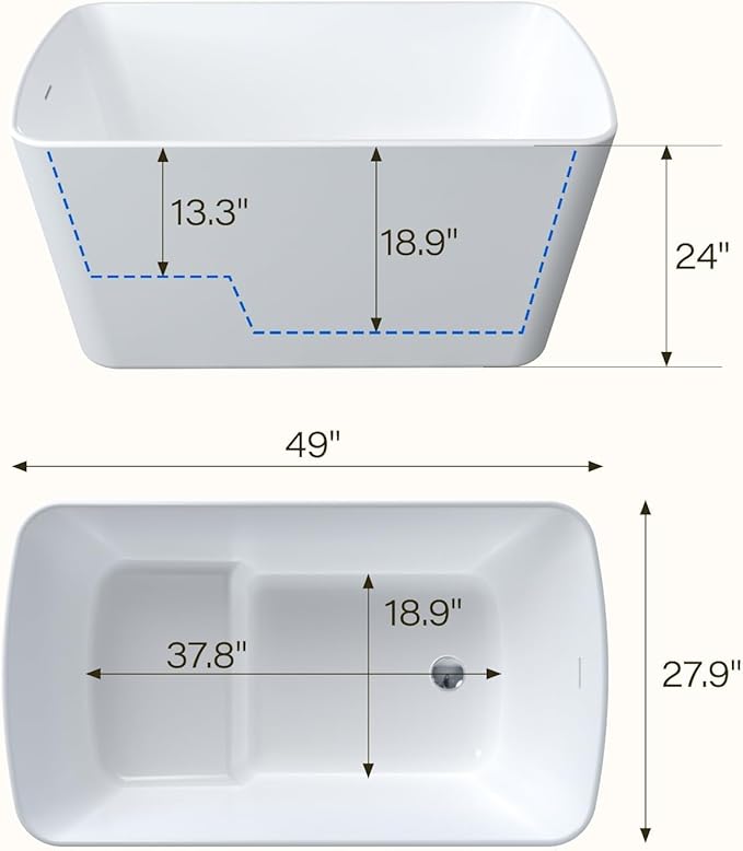 49" Free Standing Tub, Acrylic Soaking Bathtub, Stand Alone Freestanding Tub with Matte Sliver Drain and Overflow, Contemporary Bathtub for Bathroom, White