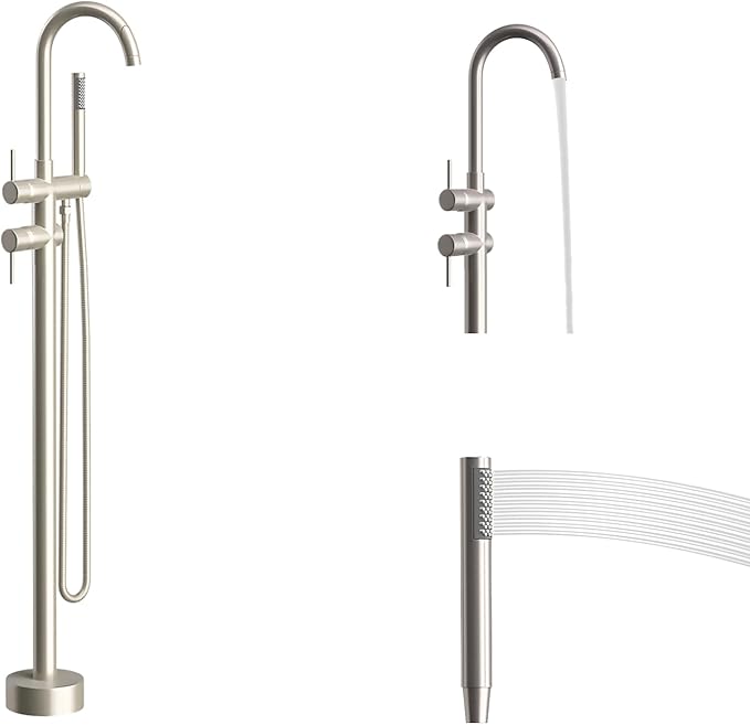 Freestanding Bathtub Faucet,Tub Filler Floor Mount Stand Bathtub Faucet Brass Bathroom Tub Faucets with 2 Function Hand Shower Wand Swivel Brushed Nickel