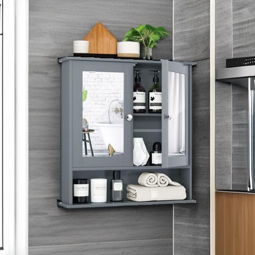 Tangkula Bathroom Medicine Cabinet with Mirror, Wall Mounted Wooden Hanging Organizer with Doors and Shelves, Bathroom Wall Mirror Cabinet (Mirror Doors, Gray)