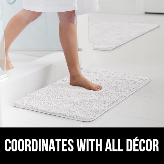 GORILLA GRIP Bath Rug Mat 44x26, Thick Soft Absorbent Chenille, Quick Dry Microfiber Mats, Rubber Backing Washable Shower Floor Rugs, Bathmat Runner, US Designed Bathroom Home Decor Accessories White