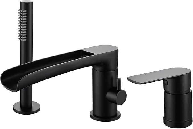 TapLong Waterfall Roman Tub Faucet with Hand Shower, Widespread Deck Mount Bathtub Faucet with Sprayer, Single-Handle 3-Holes Bathtub Shower Faucet Set in Matte Black, 03119B